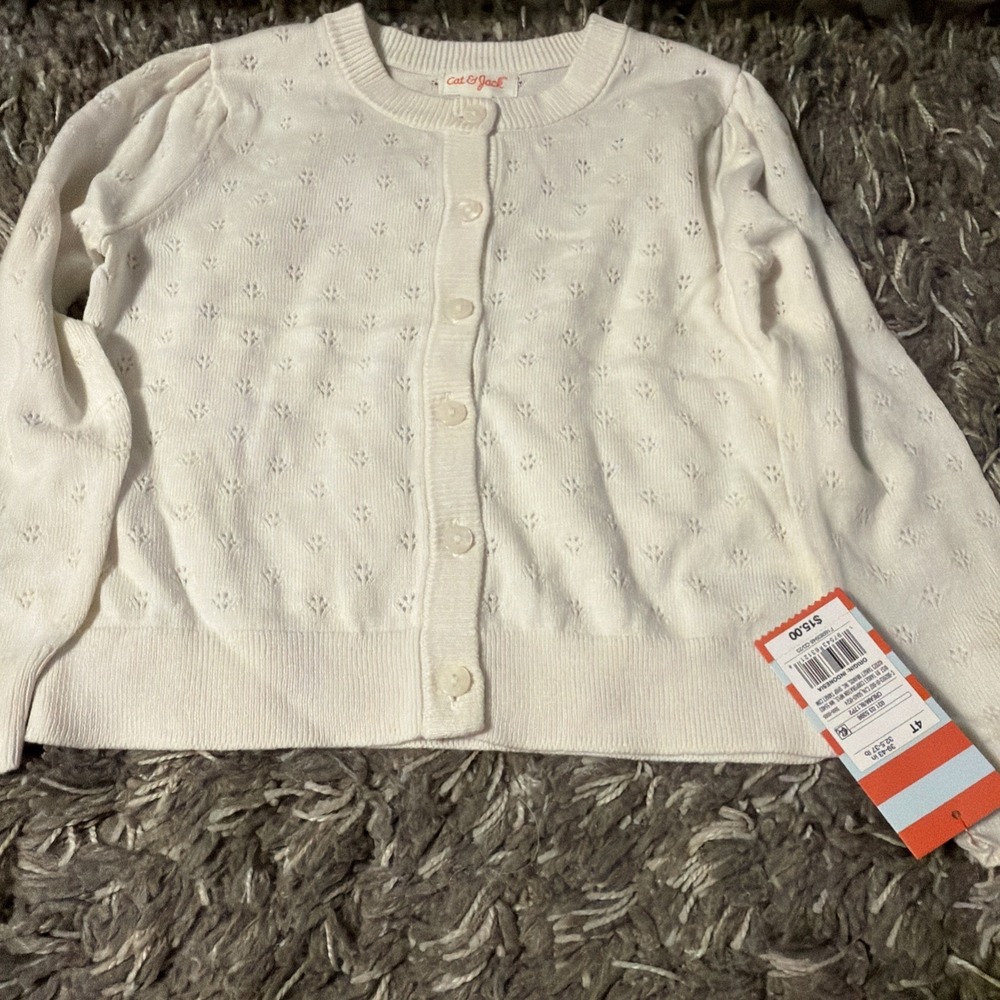 Cat & Jack Cardigan Sweater Toddler Girls 4T White Pointelle Knit New